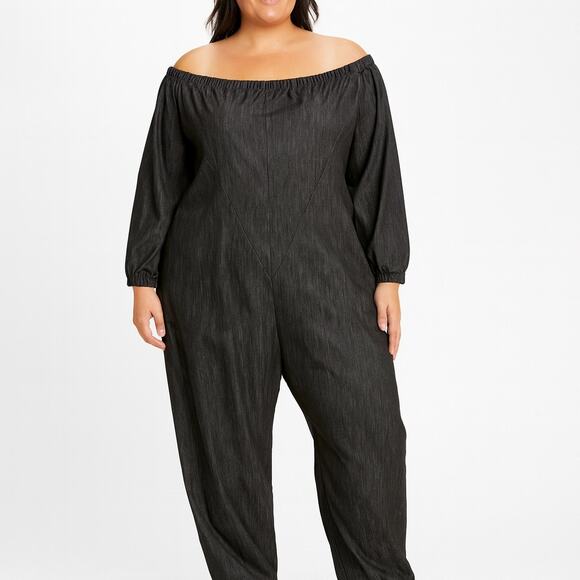 Lloyd Off-Shoulder Black Stretch Jumpsuit with Pockets – Plus Size 3X - Picture 3 of 4